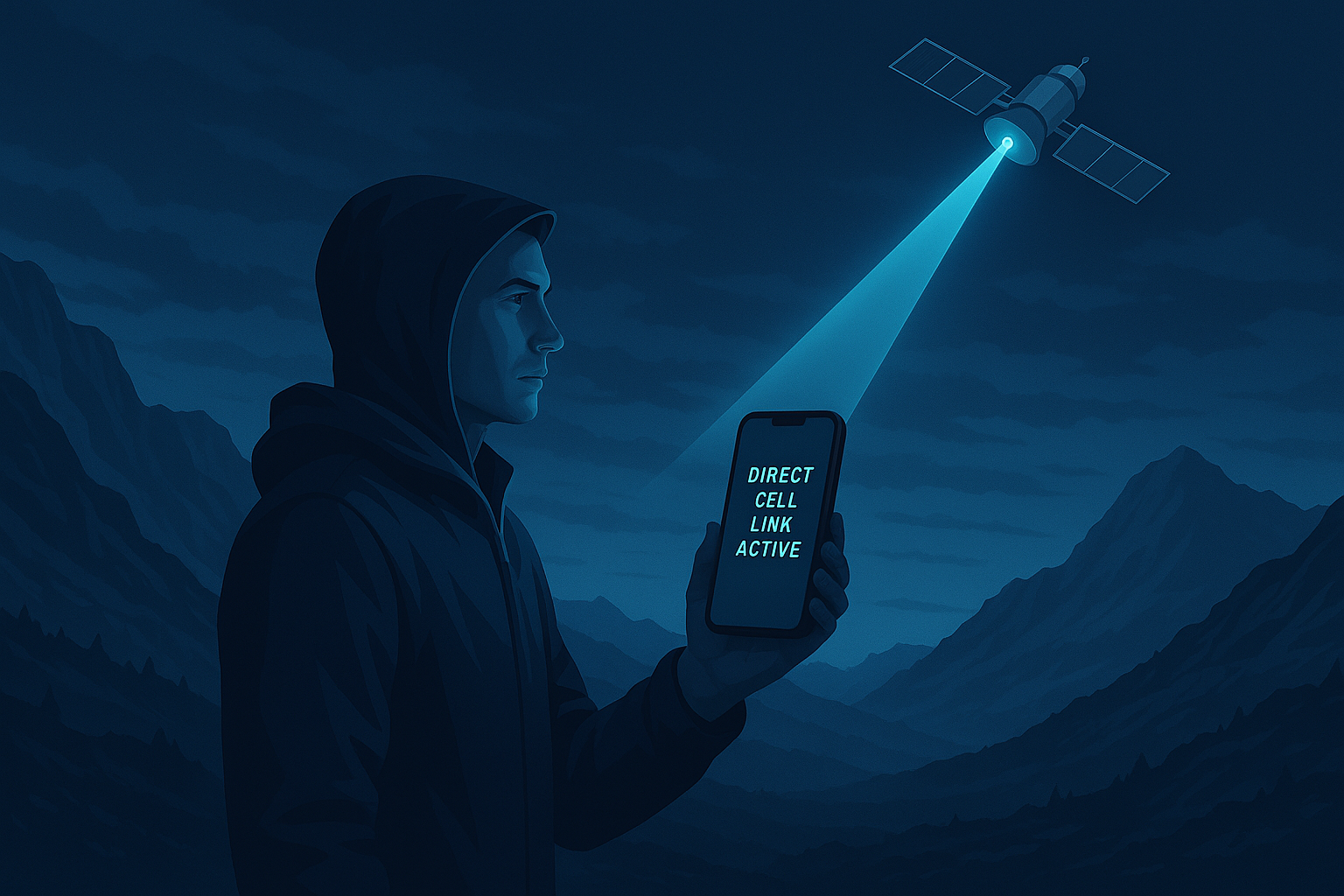 A hooded figure stands in a dark mountain landscape at night, holding a phone that displays “Direct Cell Link Active” as a satellite beam connects to the device from overhead.