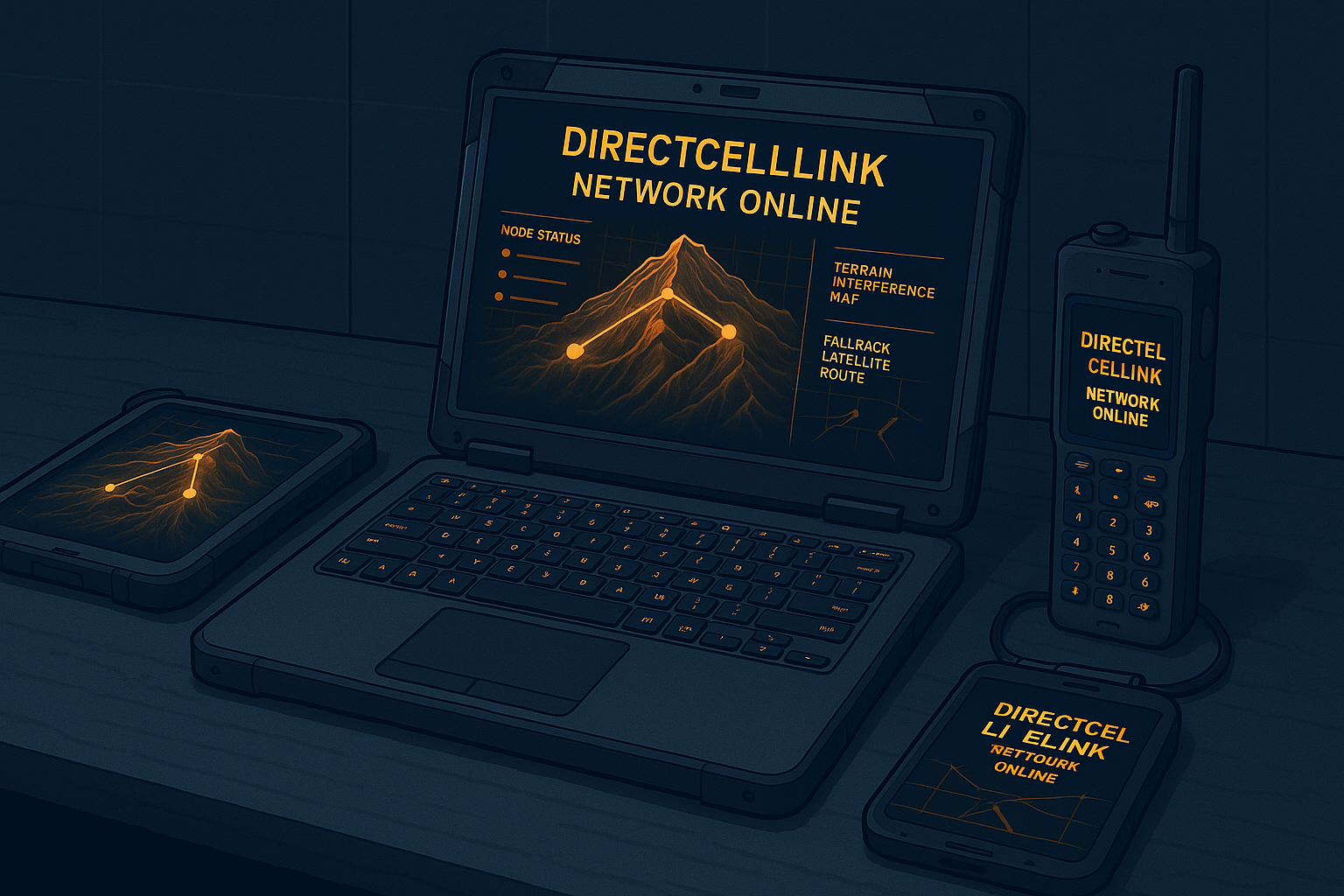 A rugged field workstation displaying the DirectCellLink interface across multiple devices — a laptop, tablet, satellite radio, and handheld unit — all showing an illuminated terrain map with active network nodes.