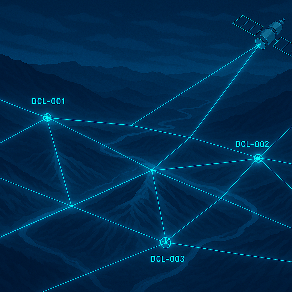 A satellite projects signal beams across a mountain landscape, linking multiple ground nodes labeled DCL-001, DCL-002, and DCL-003 in a glowing mesh network.