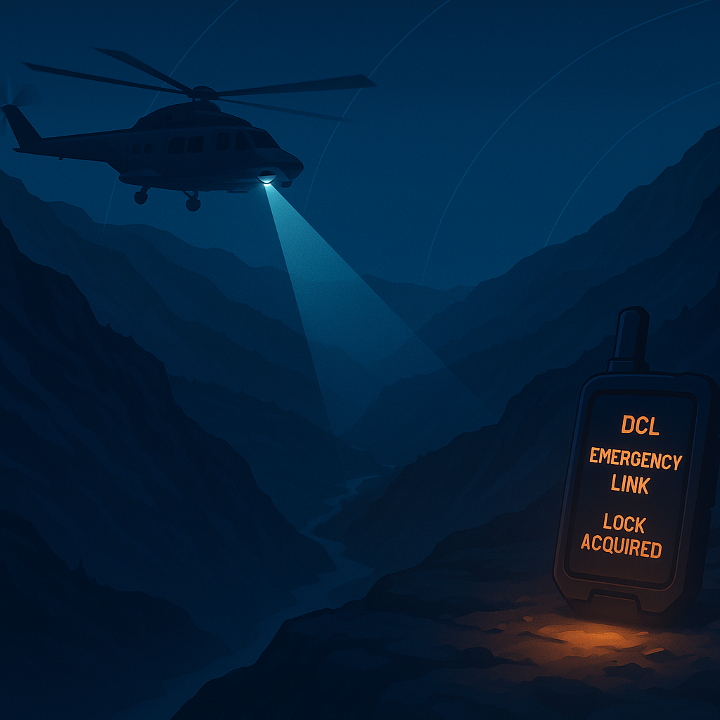 A rescue helicopter scans a dark mountain canyon with a searchlight as a handheld device on a ridge displays DCL Emergency Link — Lock Acquired, indicating an active emergency connection.