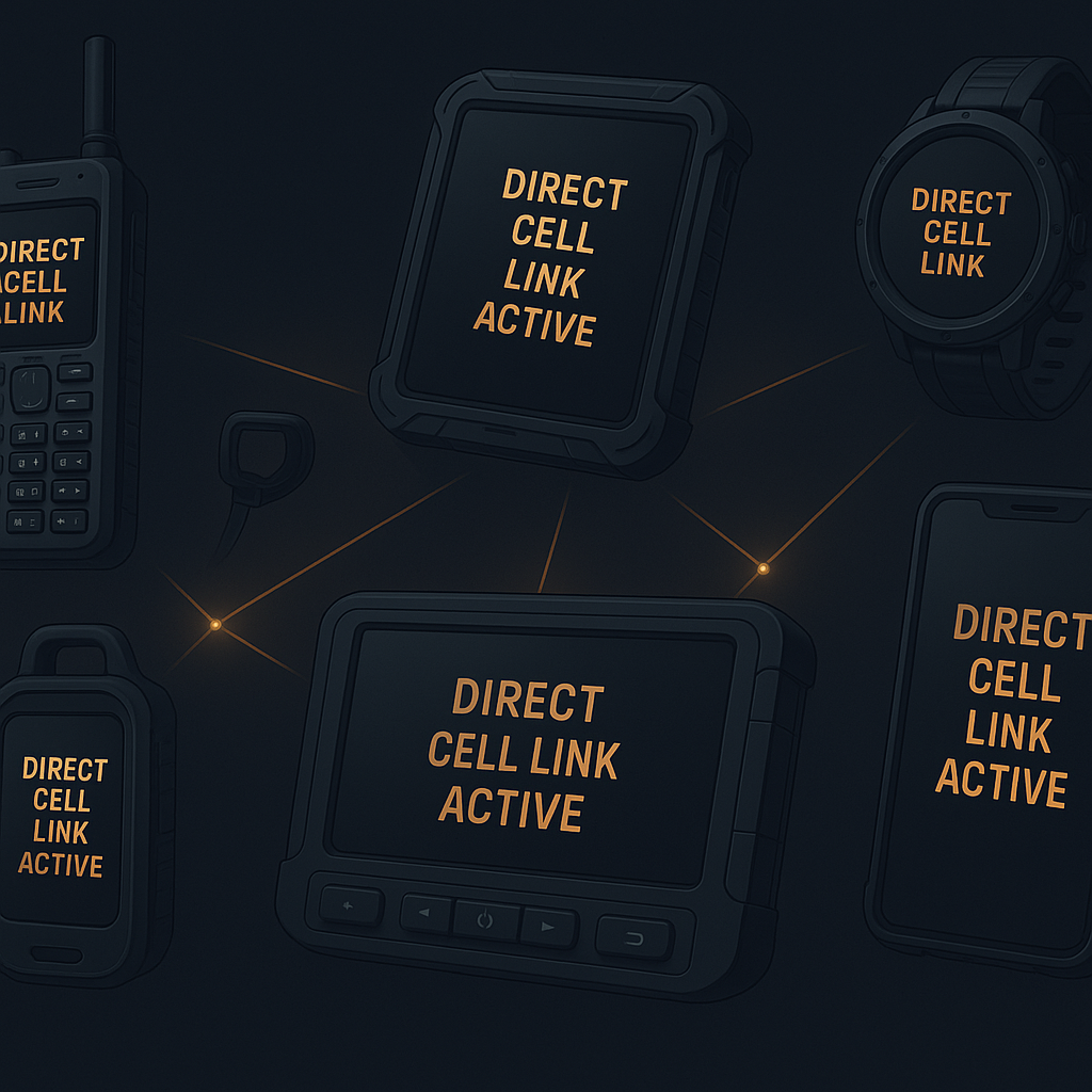 A collection of rugged communication devices — phones, tablets, trackers, and a smartwatch — all displaying Direct Cell Link Active, connected by glowing signal points.