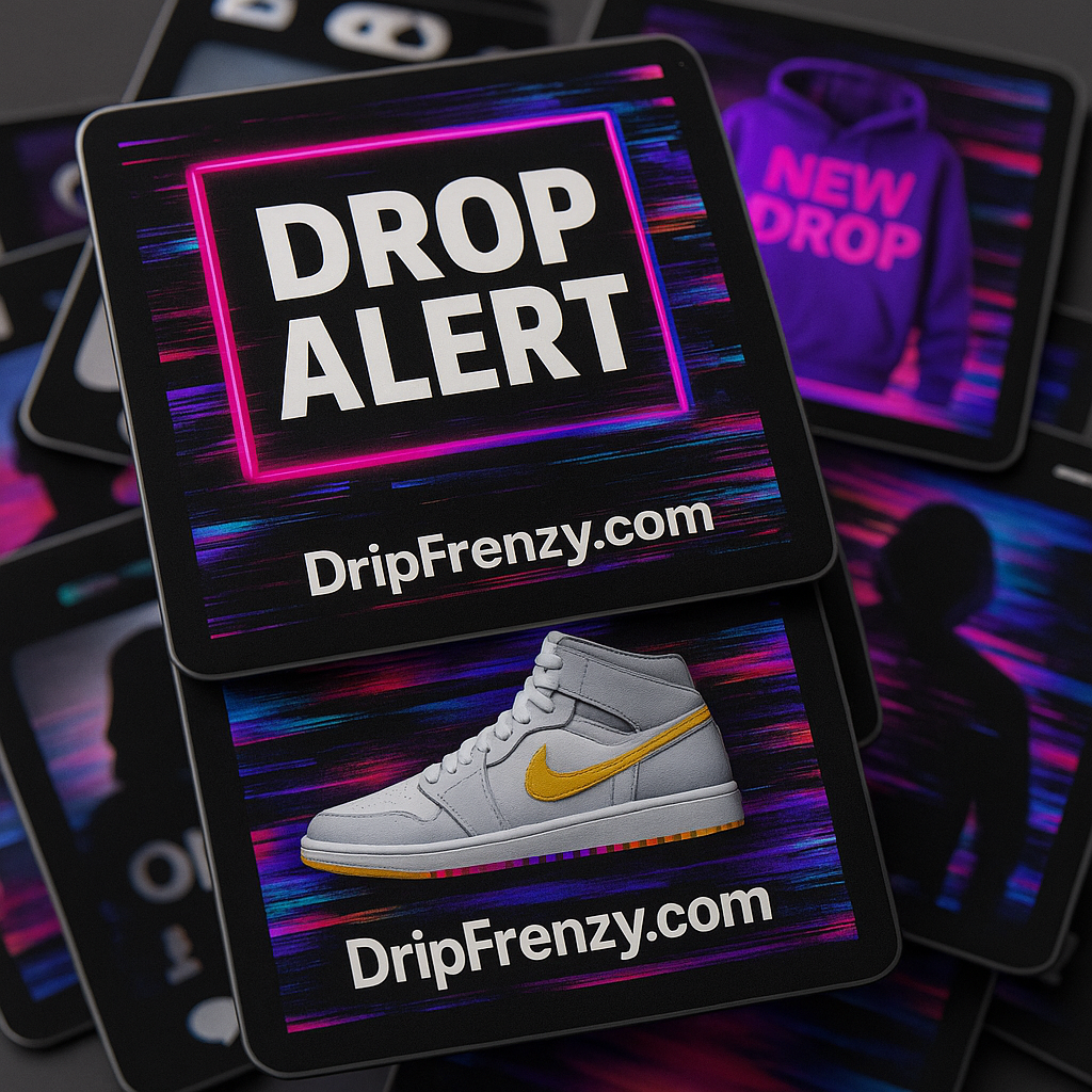 Stack of promotional cards for DripFrenzy.com featuring a neon ‘DROP ALERT’ graphic and a sneaker product tile, styled with glitchy nightlife colors and a hype-driven aesthetic.