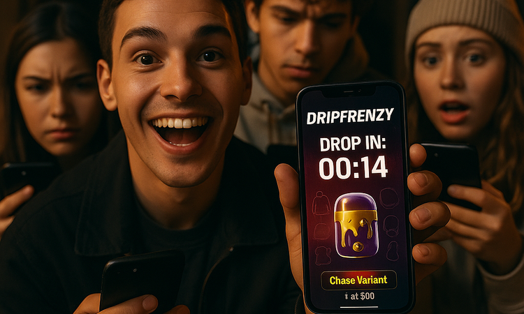 Excited group gathered around a phone showing a DRIPFRENZY drop countdown and capsule graphic, highlighting a mobile-first launch experience.