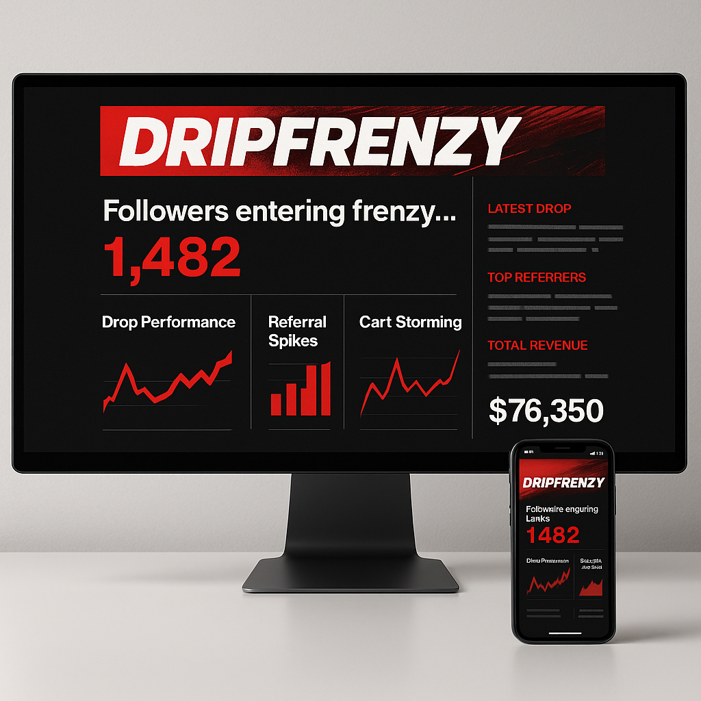 Desktop and mobile screens displaying a DripFrenzy analytics dashboard with drop performance charts, referral spikes, cart activity, and total revenue metrics.