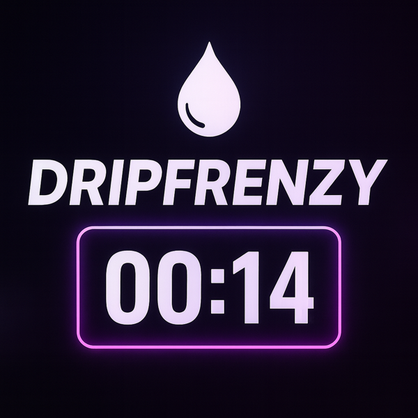 Primary DripFrenzy neon capsule logo on a dark gradient background.