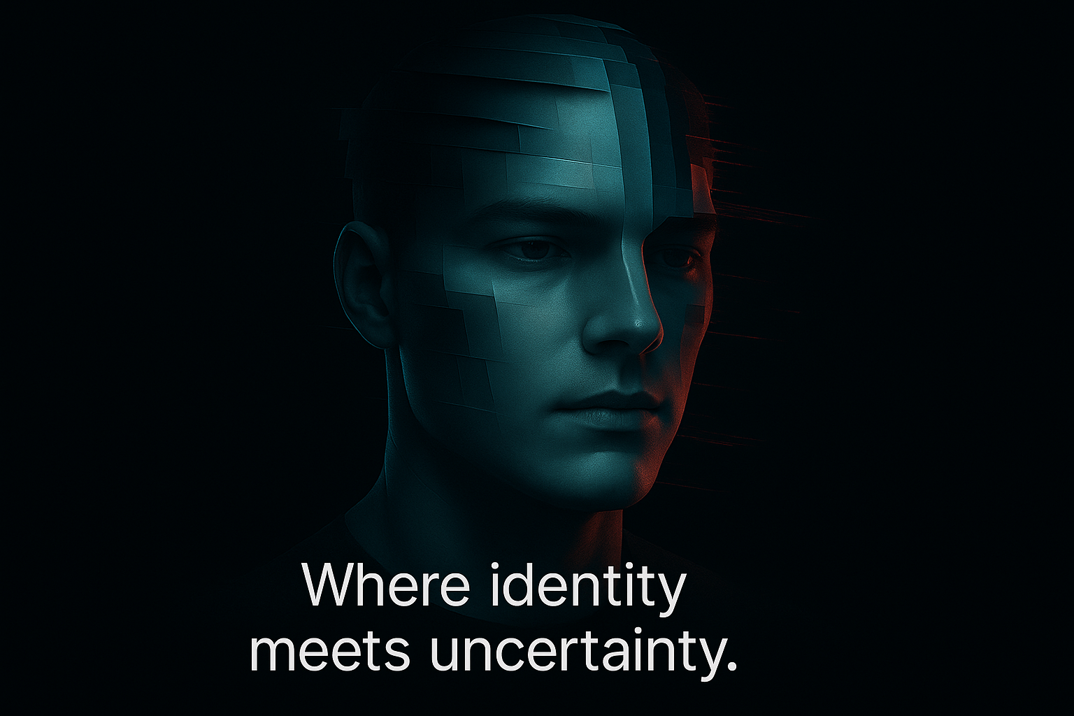 Glitch-style face representing identity verification, AI liveness detection, and deepfake resistance for face404.com