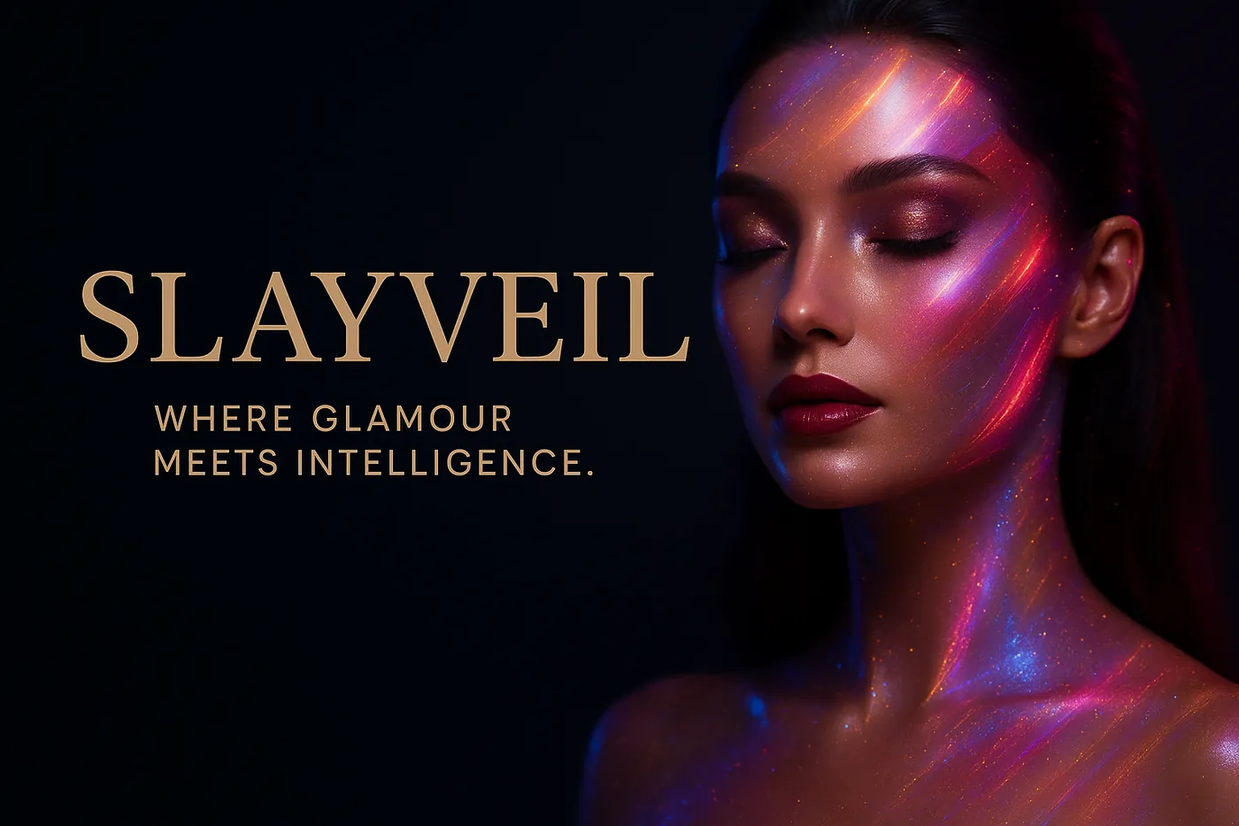 A futuristic beauty portrait of a woman with closed eyes, wearing shimmering neon light streaks across her face and neck, beside the gold text “SLAYVEIL — Where Glamour Meets Intelligence” on a dark background.