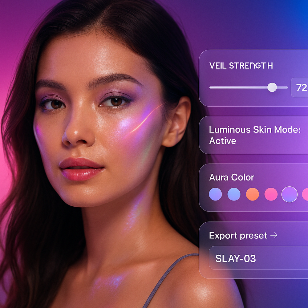 A woman with glowing holographic light effects on her skin, shown beside an AI beauty interface with controls for veil strength, luminous skin mode, aura color, and a preset labeled SLAY-03.