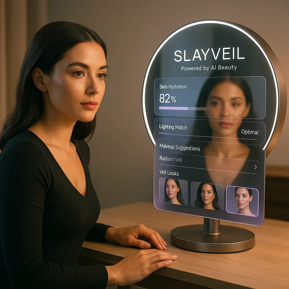 A woman sits at a desk looking into a futuristic circular smart mirror displaying AI beauty data, including skin hydration, lighting match, makeup suggestions, and selectable “Veil Look” presets under the SlayVeil branding.