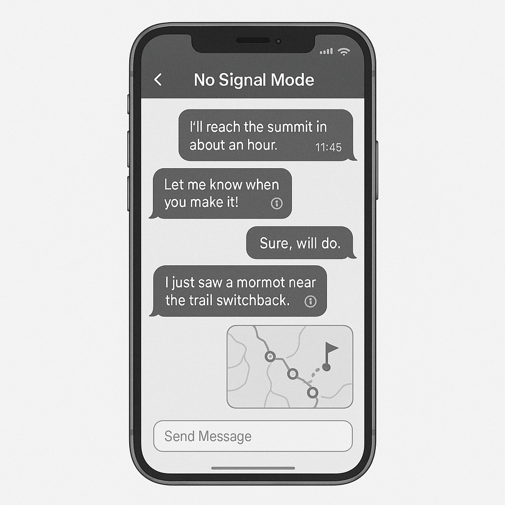 TrailTexting hikers group chat on a smartphone, showing an offline queued message and a delivered, location-tagged message when back in range.